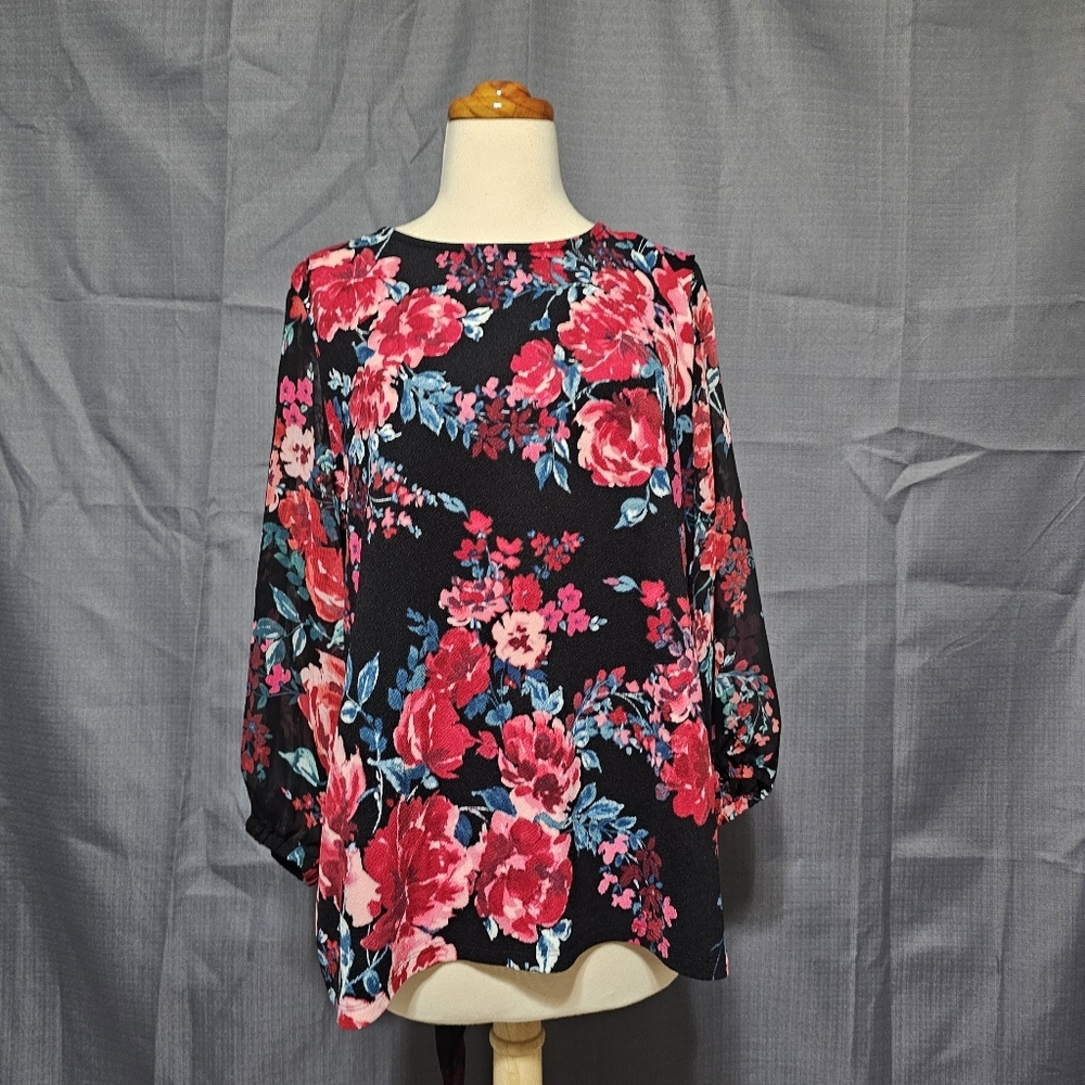 ELLE Black Floral Chiffon Blouse XL